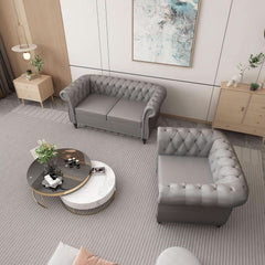 Grey Chesterfield Leather Living Room Set With Scroll Arms