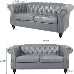 Grey Chesterfield Leather Living Room Set With Scroll Arms