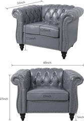 Grey Chesterfield Leather Living Room Set With Scroll Arms