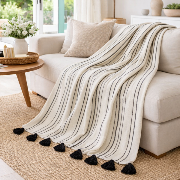 100% Alpaca Throw Blanket Ink Ivory Pinstripe