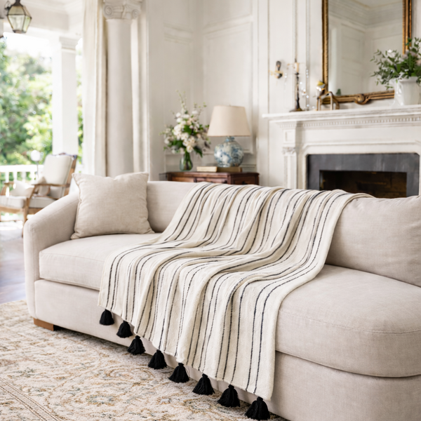 100% Alpaca Throw Blanket Ink Ivory Pinstripe