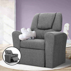 Keezi Kids Recliner Chair Grey Linen Soft Sofa Lounge Couch Children