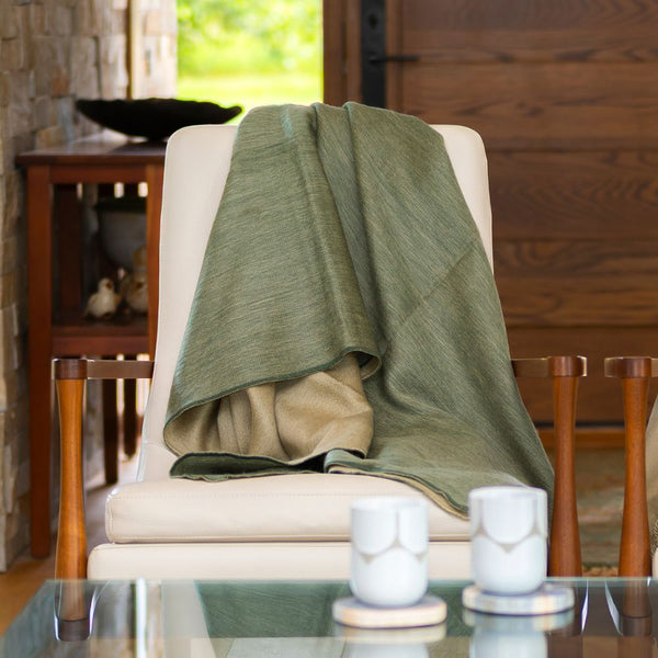 Reversible Handwoven Alpaca Throw Blanket Khaki Olive Green Ecuador