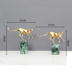 DecorBites™ Golden Leopard Brass Cheetah Green Marble Figurine Metal Decor Accessory