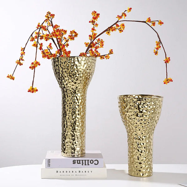 DecorBites™ Golden Ceramic Geometric Honeycomb Vase - Home Decoration Accessory
