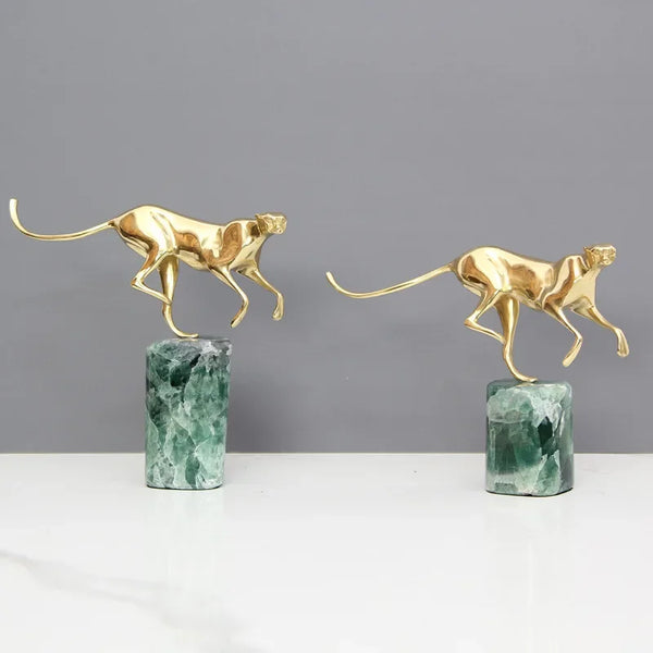 DecorBites™ Golden Leopard Brass Cheetah Green Marble Figurine Metal Decor Accessory