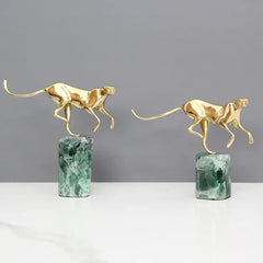 DecorBites™ Golden Leopard Brass Cheetah Green Marble Figurine Metal Decor Accessory