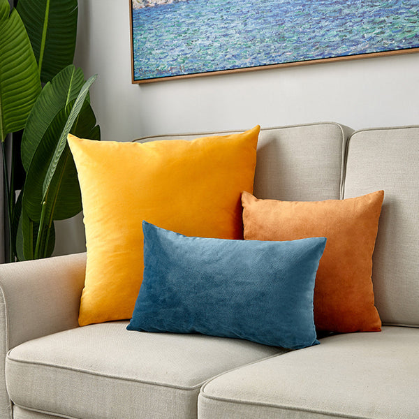 3 Piece Velvet Throw Pillow Set Blue Yellow Orange