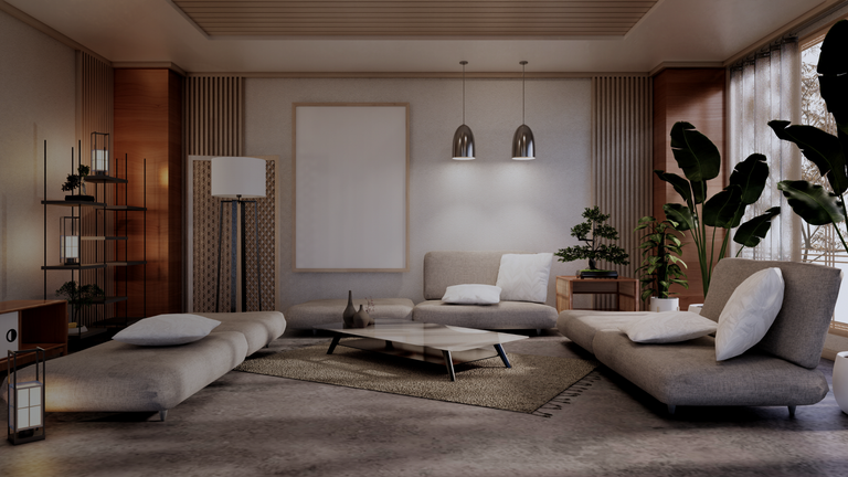 Serene minimalist Japandi living room with beige sofa, bonsai tree, blank frame, pendant lights, and warm wooden accents