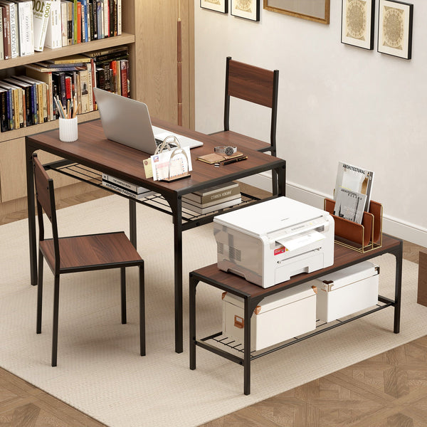 Industrial Style Rectangular Kitchen Table with Bench and Chairs-Walnut