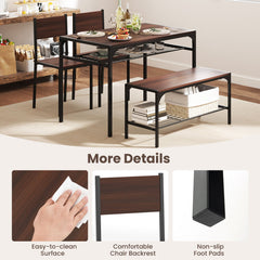 Industrial Style Rectangular Kitchen Table with Bench and Chairs-Walnut
